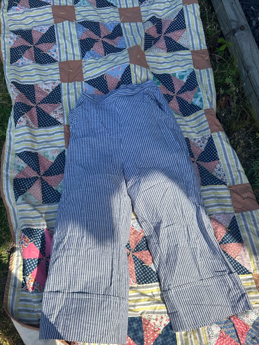 Blue and White Striped Wide-Leg Cotton Pants